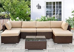 SUNVIVI OUTDOOR Outdoor Patio Furniture Sets 7 Piece All Weather PE Wicker Furniture Set Patio Sectional Conversation Sofa Set with Glass Table Ottoman Sofas Removable Cushions Brown 1